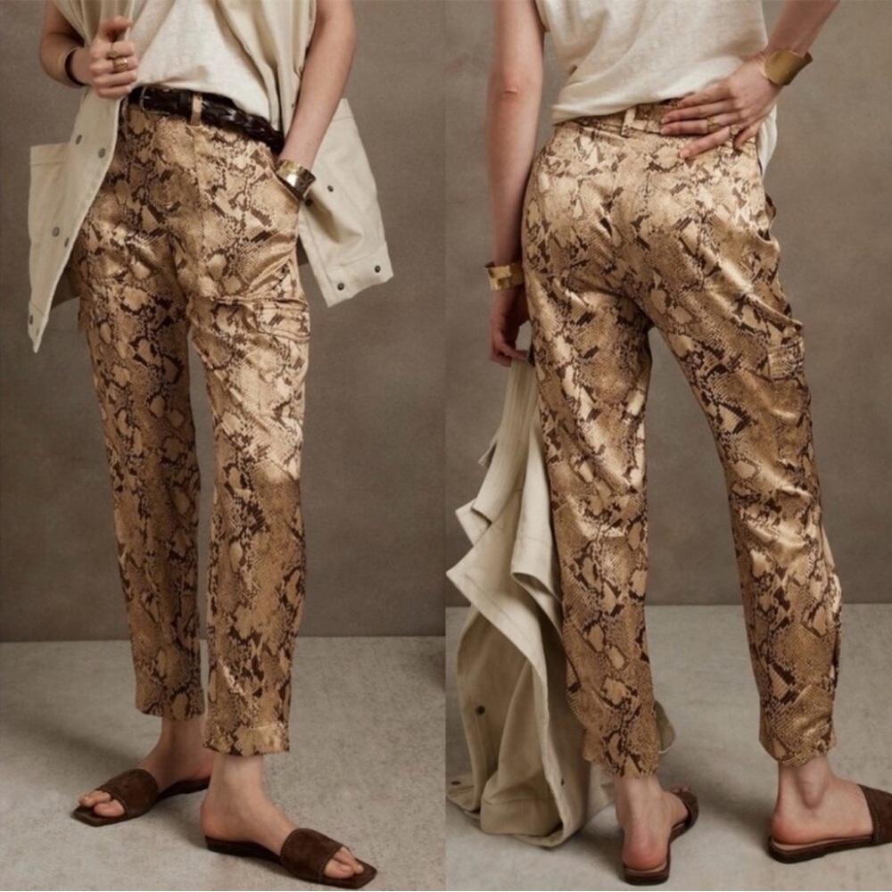 100% Silk Banana Republic Beige Snake-Print Cropped Pants (& matching belt!!)